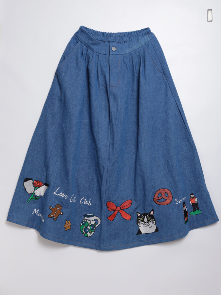 Cat Nordic Travel Guide Embroidered Denim A-Line Skirt