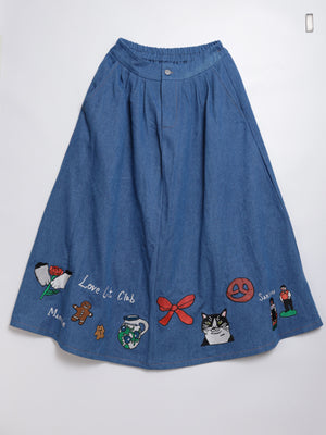 Cat Nordic Travel Guide Embroidered Denim A-Line Skirt