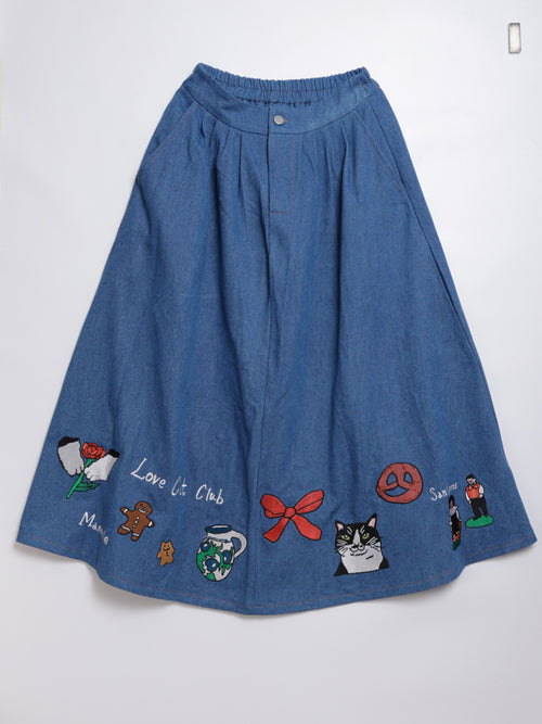 Cat Nordic Travel Guide Embroidered Denim A-Line Skirt