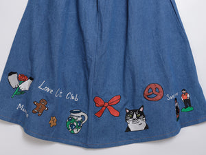 Cat Nordic Travel Guide Embroidered Denim A-Line Skirt