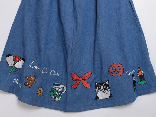 Cat Nordic Travel Guide Embroidered Denim A-Line Skirt