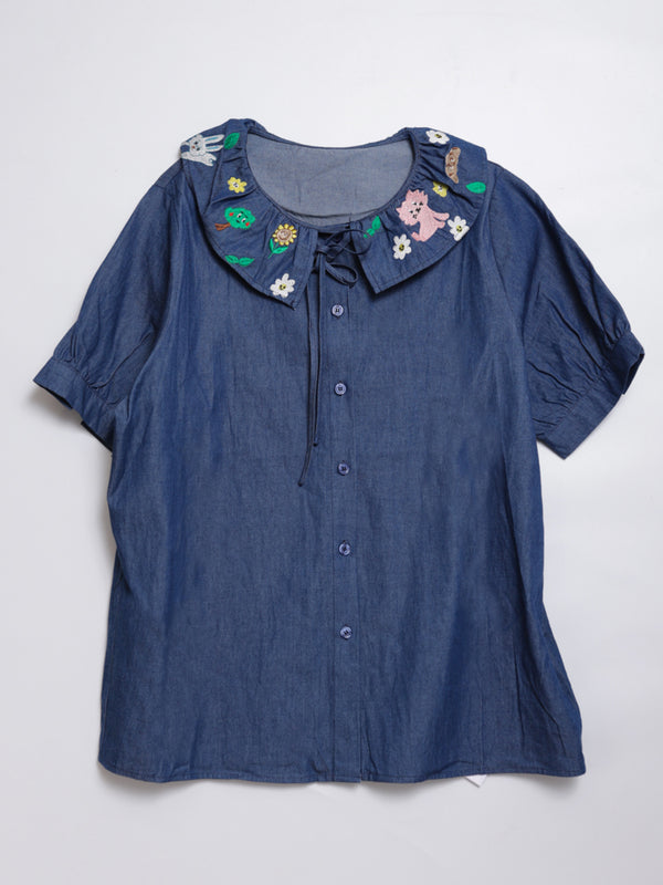 Sunny Cat Island embroidered crew neck denim shirt