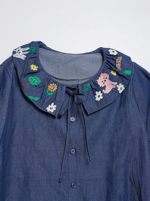 Sunny Cat Island embroidered crew neck denim shirt