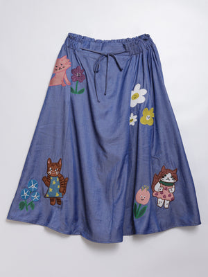 Sunny Cat Island front and back embroidered denim skirt