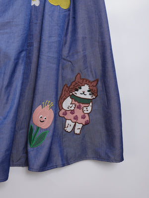Sunny Cat Island front and back embroidered denim skirt