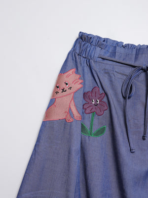 Sunny Cat Island front and back embroidered denim skirt