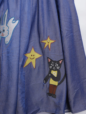 Sunny Cat Island front and back embroidered denim skirt