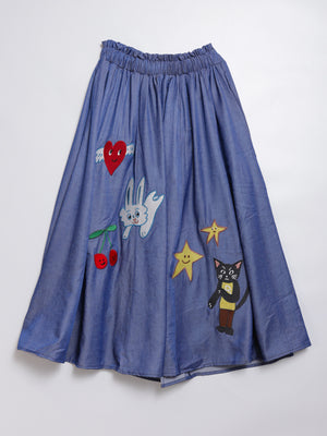 Sunny Cat Island front and back embroidered denim skirt