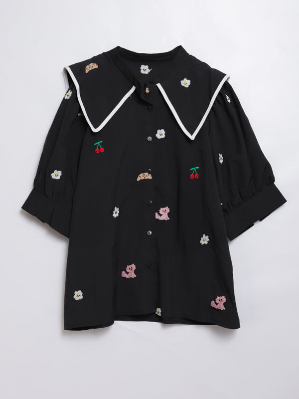 Sunny Cat Island Embroidered Hem Neck Shirt