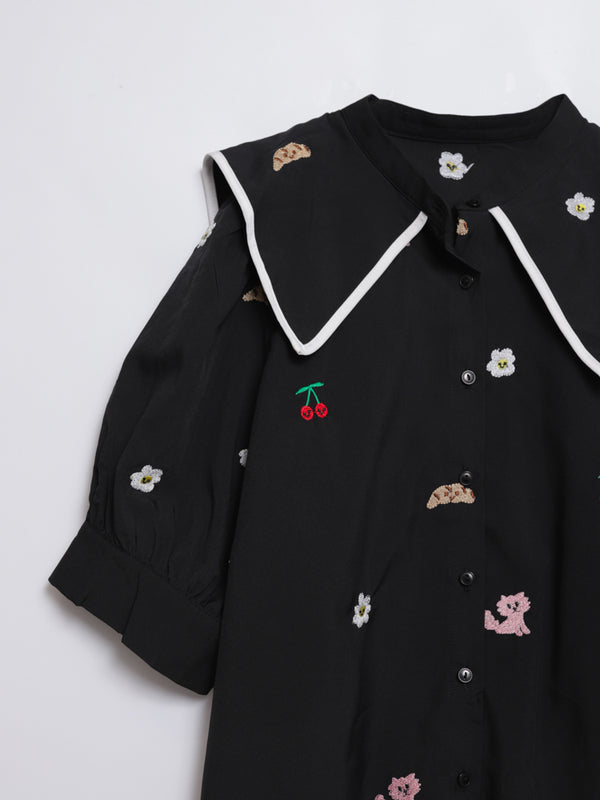 Sunny Cat Island Embroidered Hem Neck Shirt