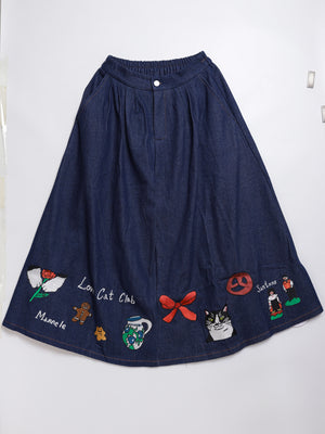 Cat Nordic Travel Guide Embroidered Denim A-Line Skirt