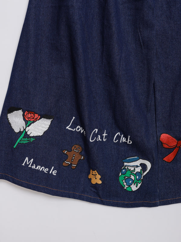 Cat Nordic Travel Guide Embroidered Denim A-Line Skirt