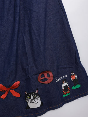 Cat Nordic Travel Guide Embroidered Denim A-Line Skirt