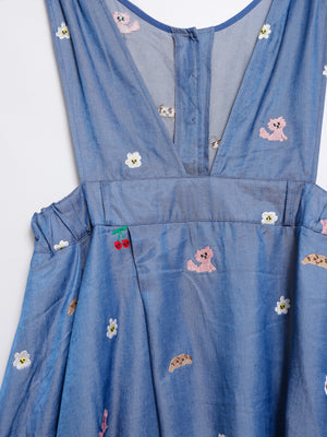 Sunny Cat Island Embroidered Denim Worker Skirt