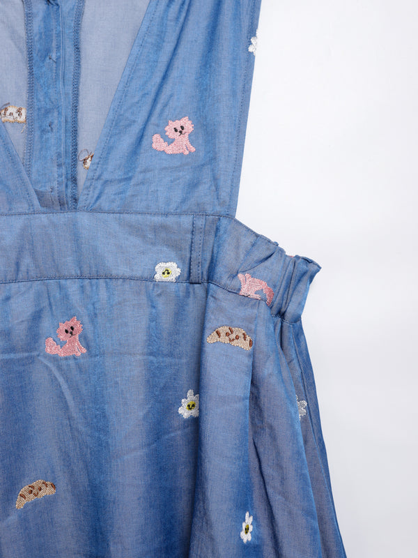 Sunny Cat Island Embroidered Denim Worker Skirt