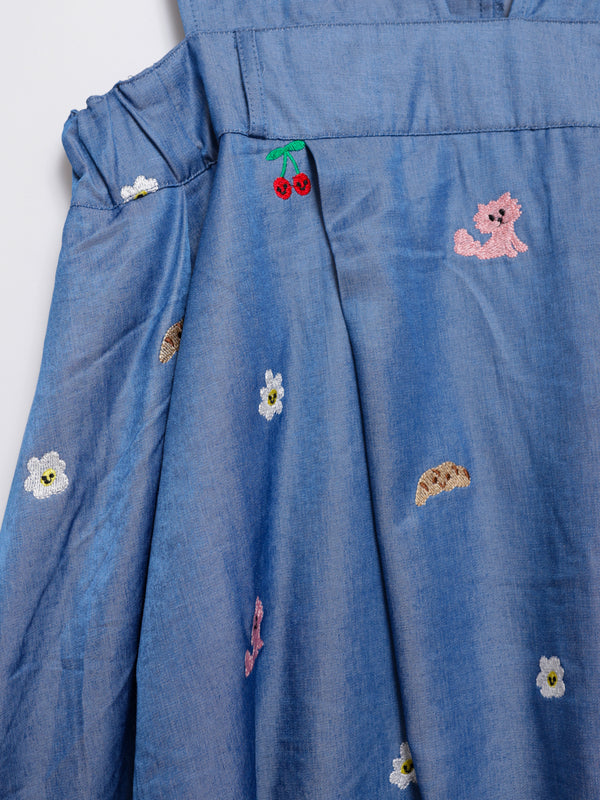 Sunny Cat Island Embroidered Denim Worker Skirt