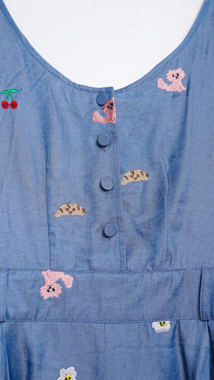 Sunny Cat Island Embroidered Denim Worker Skirt