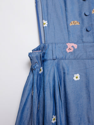 Sunny Cat Island Embroidered Denim Worker Skirt