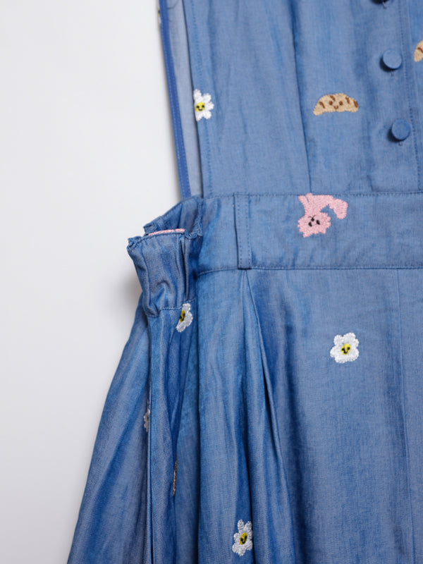 Sunny Cat Island Embroidered Denim Worker Skirt