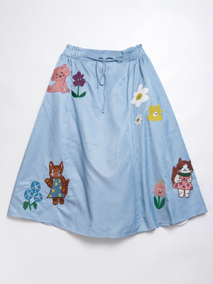 Sunny Cat Island front and back embroidered denim skirt
