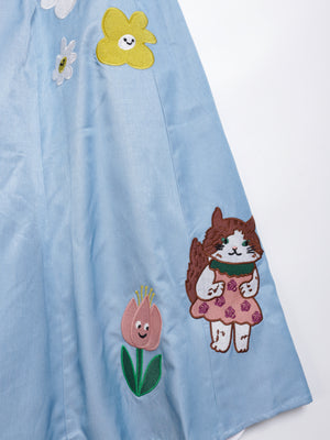 Sunny Cat Island front and back embroidered denim skirt