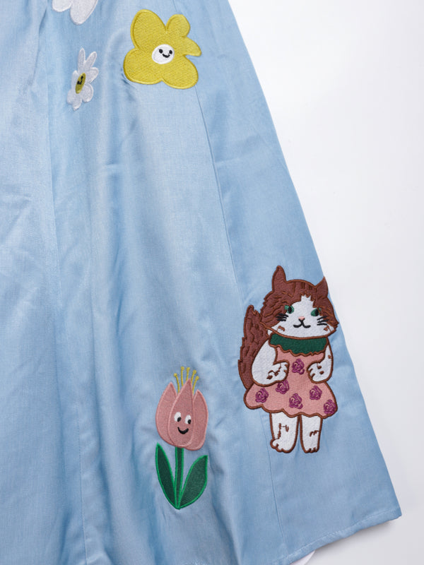 Sunny Cat Island front and back embroidered denim skirt
