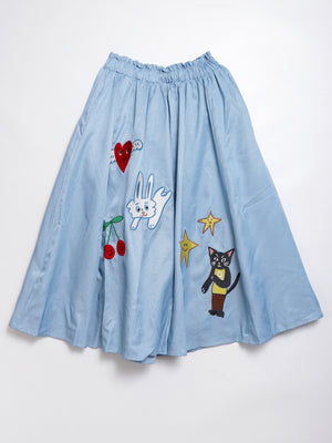 Sunny Cat Island front and back embroidered denim skirt