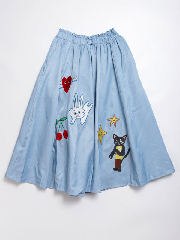 Sunny Cat Island front and back embroidered denim skirt