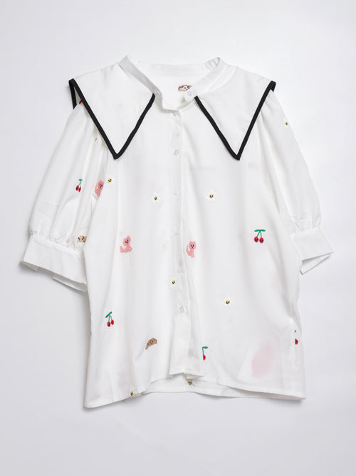 Sunny Cat Island Embroidered Hem Neck Shirt