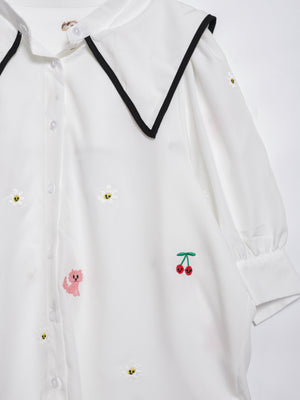Sunny Cat Island Embroidered Hem Neck Shirt