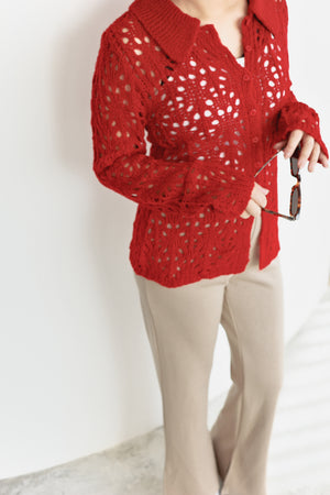 Openwork Polo Knit Cardigan