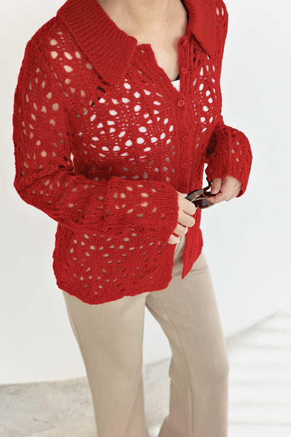 Openwork Polo Knit Cardigan