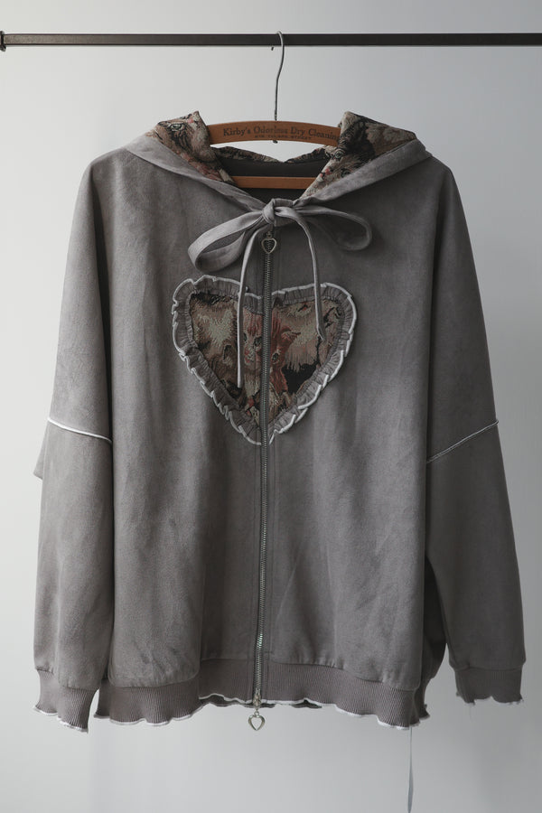 Retro cat-print heart-shaped sweatshirt jacket