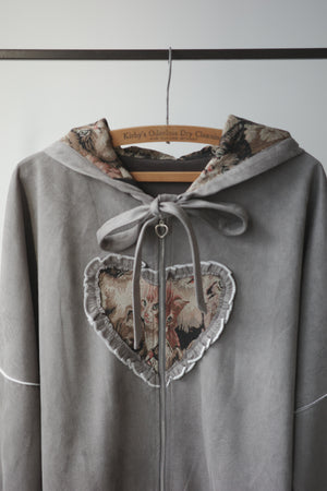 Retro cat-print heart-shaped sweatshirt jacket