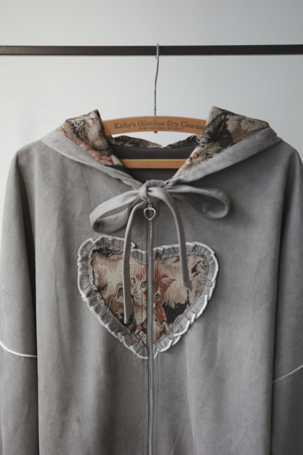 Retro cat-print heart-shaped sweatshirt jacket