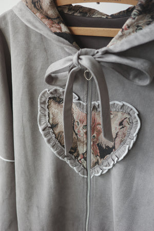 Retro cat-print heart-shaped sweatshirt jacket
