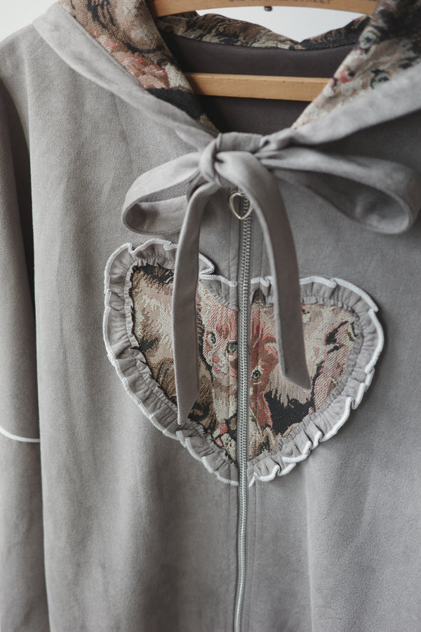 Retro cat-print heart-shaped sweatshirt jacket