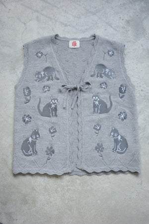 Black cat and floral embroidered lace vest