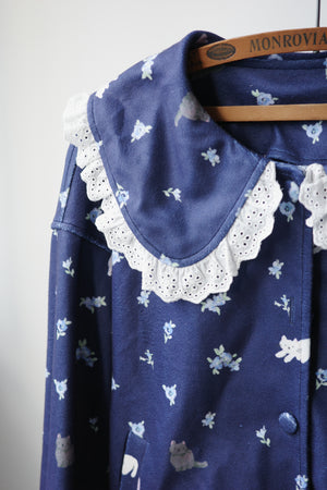 Four-color cat floral print fleece jacket with ruffled collar