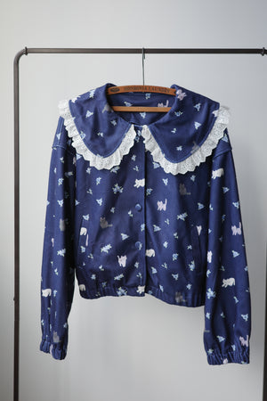 Four-color cat floral print fleece jacket with ruffled collar