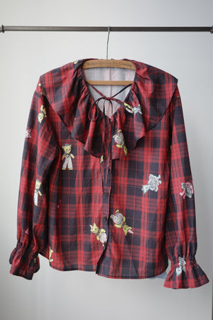 Paper cat doll plaid ruffle collar top