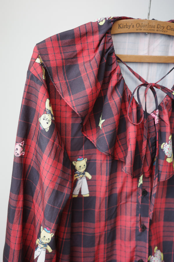 Paper cat doll plaid ruffle collar top