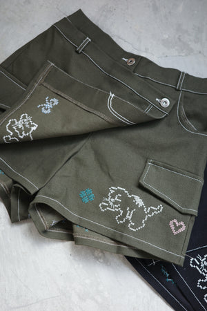 Cross-stitch cat embroidery shorts