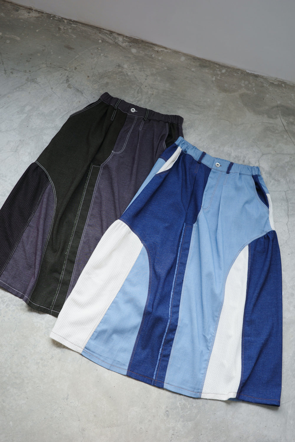 Denim and knitted midi skirt