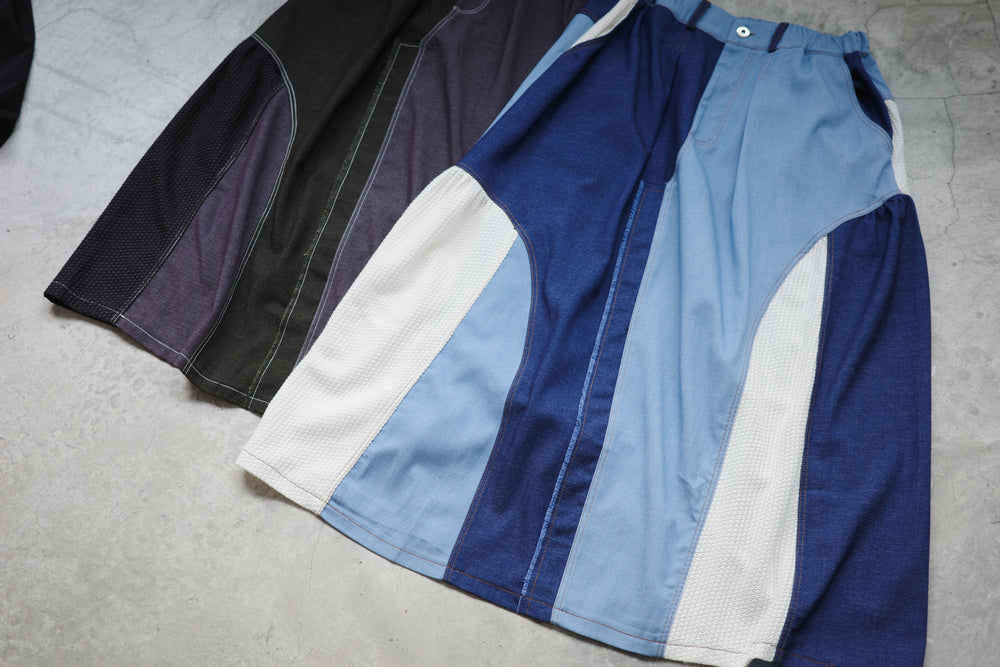 Denim and knitted midi skirt