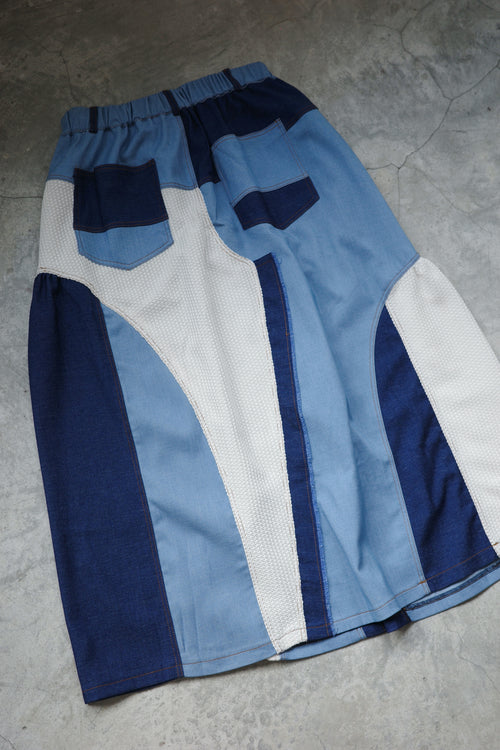 Denim and knitted midi skirt