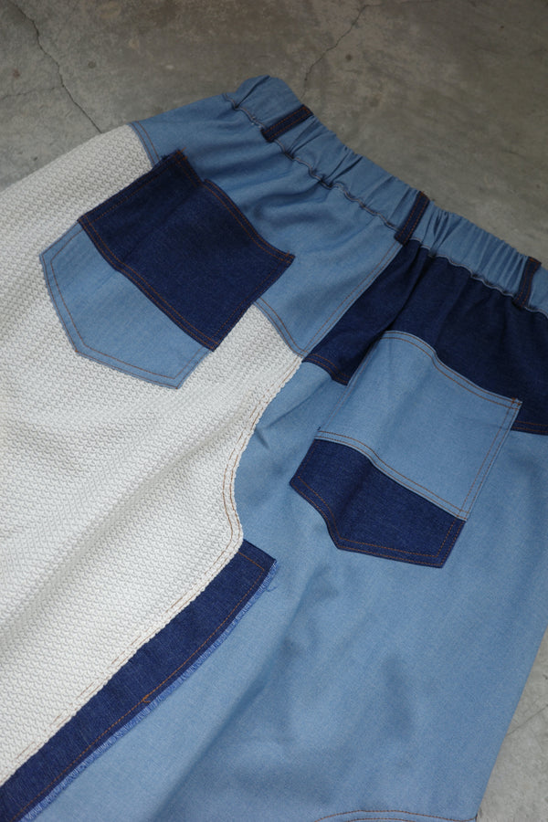 Denim and knitted midi skirt