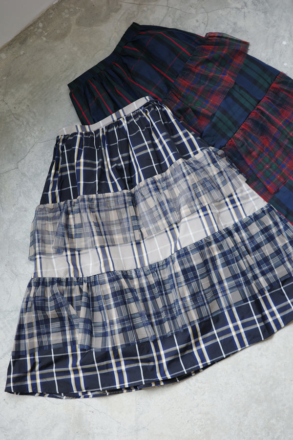 Patchwork checkered sheer layered midi skirt