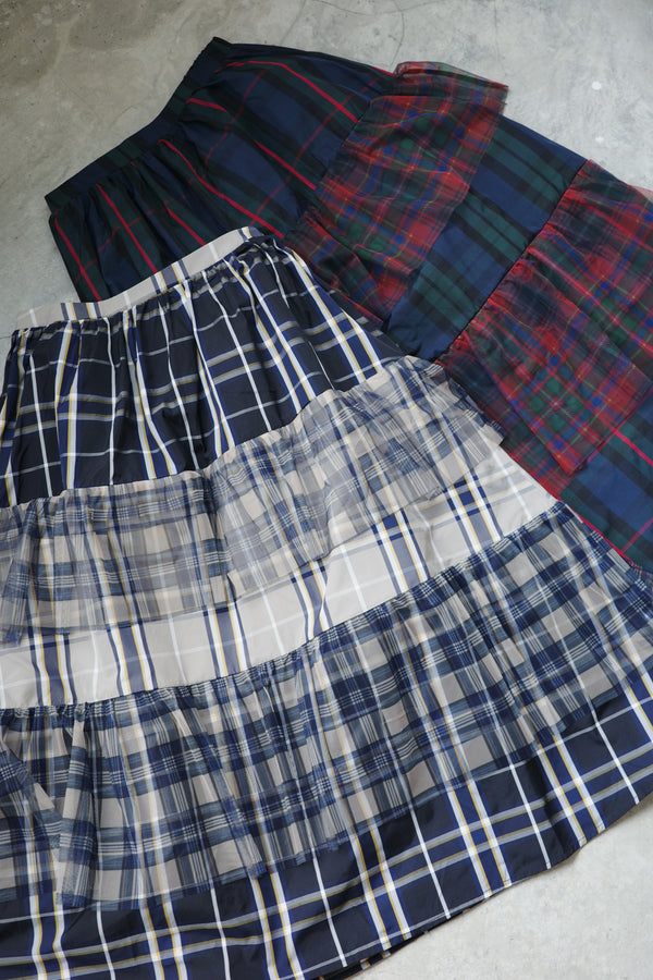 Patchwork checkered sheer layered midi skirt
