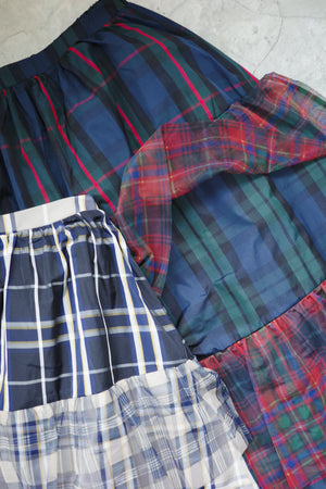 Patchwork checkered sheer layered midi skirt